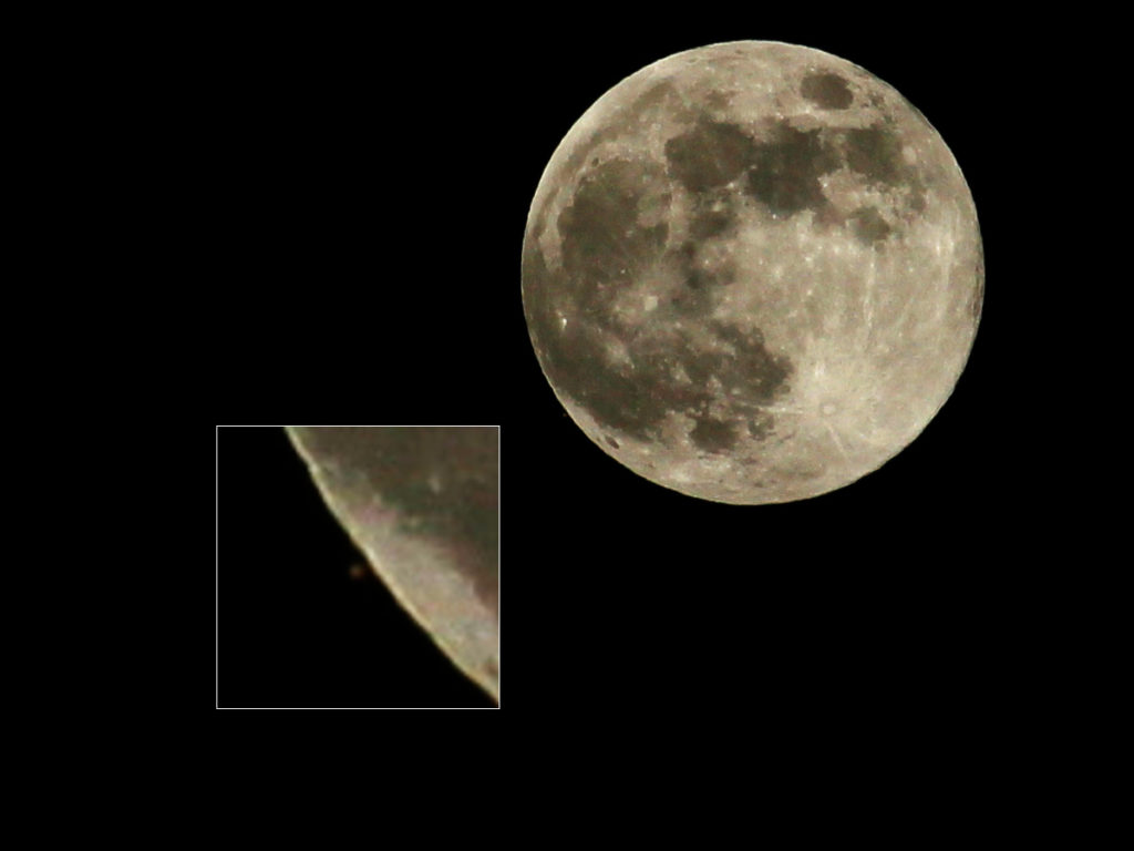 The full moon. An inset shows the very small, slightly reddish dot that is Mars.