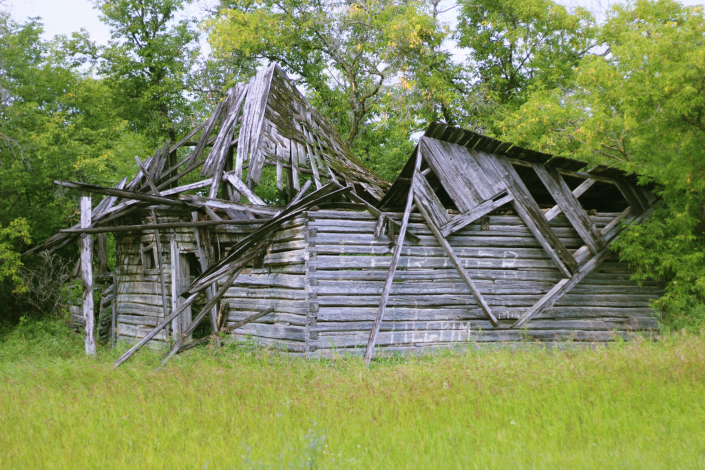 A collapsing, abandoned farm building; FARMER PILGRIM is painted on the side, fading
