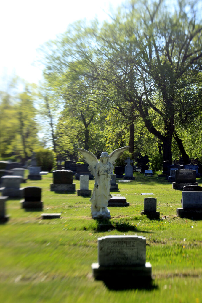 An angel headstone in the cemetery