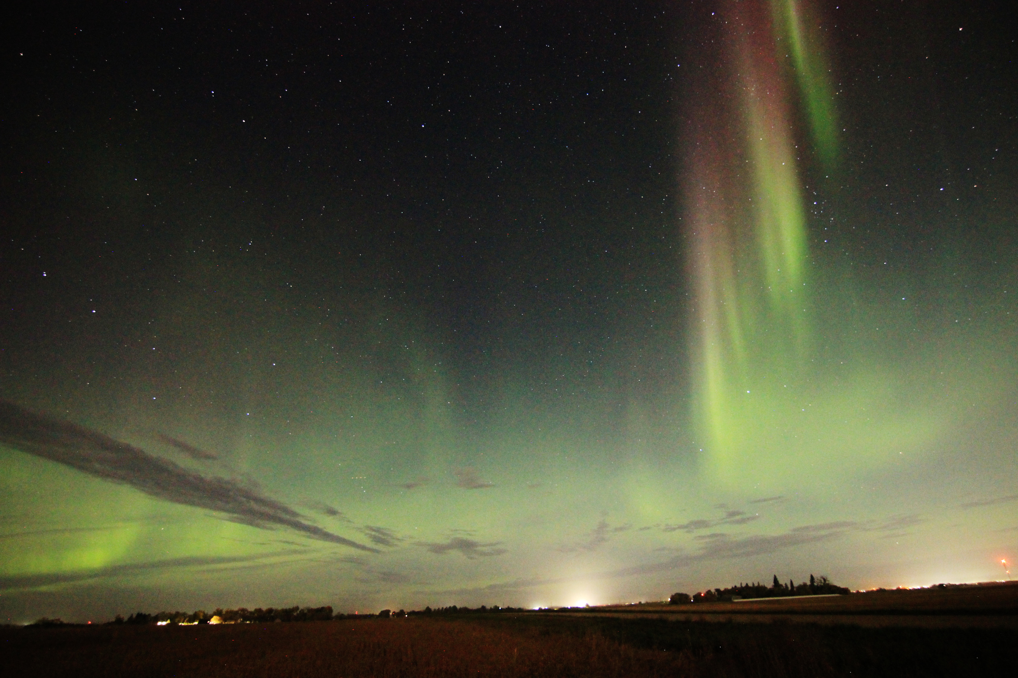 Aurora over the prairie: green hugging the horizon with several pillars, green shading into purple/red, on the right