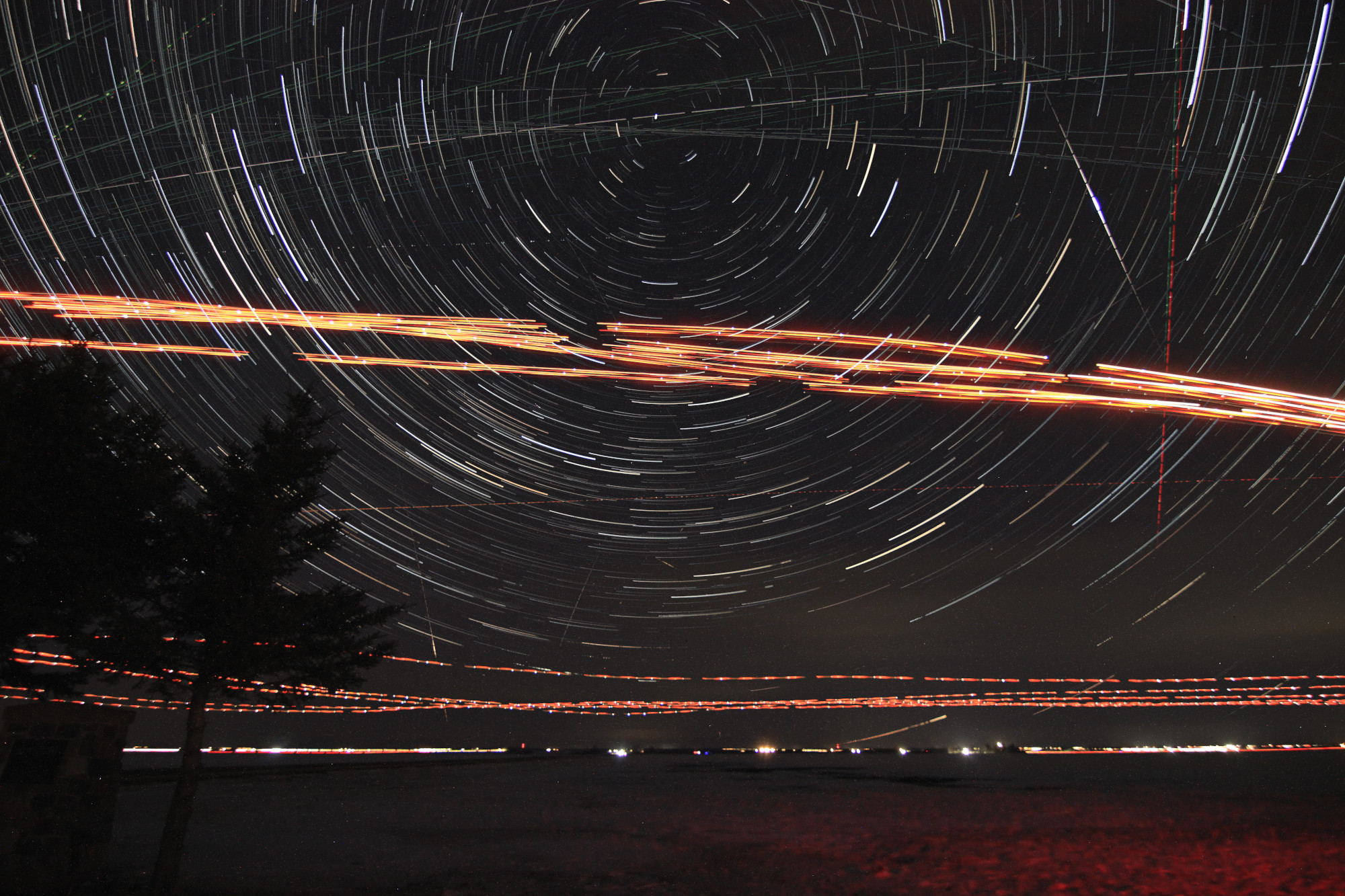 Star trails (with airplane trails and satellite tracks)